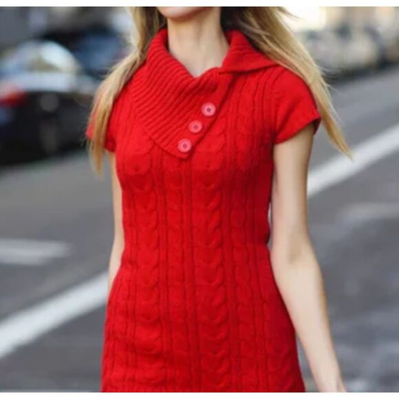 Girl's RED Solid Ribbed Stand Collar Turtleneck Short Sleeve Knit Top 10/12 M - Picture 1 of 4